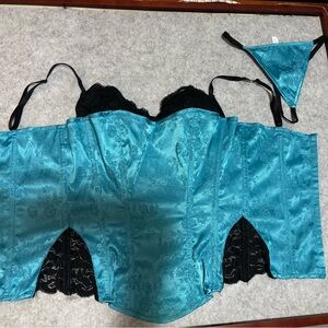 Frederick's of Hollywood Teal and Black Lace Corset Set